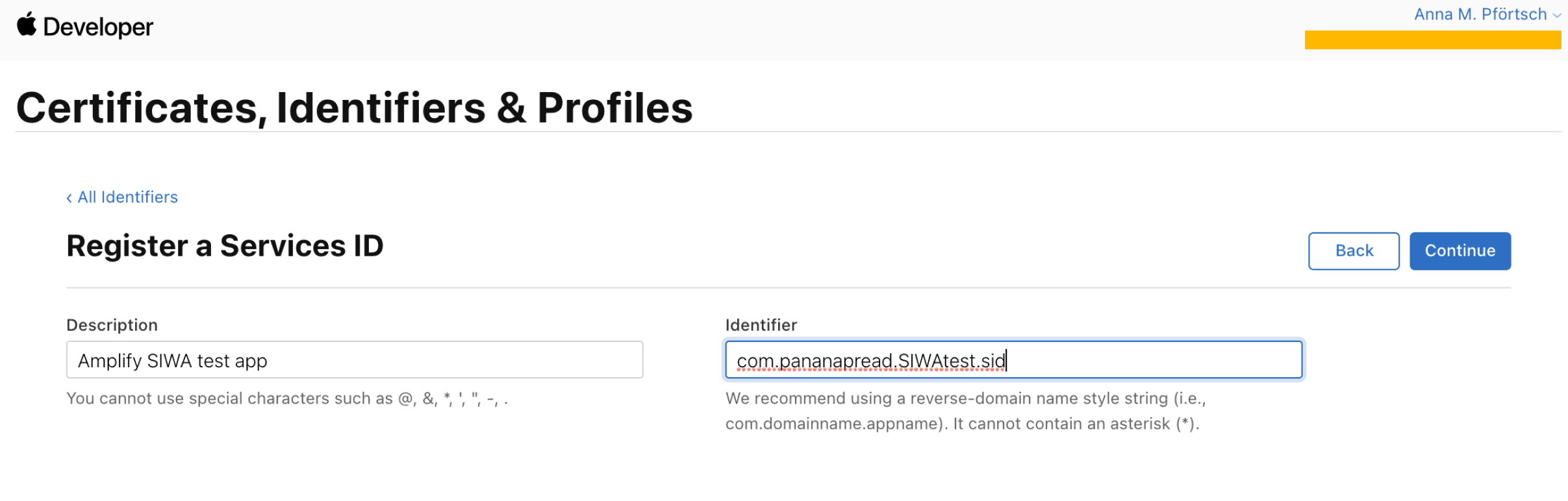 Screenshot of registering a Services ID on the Apple Developer Program site