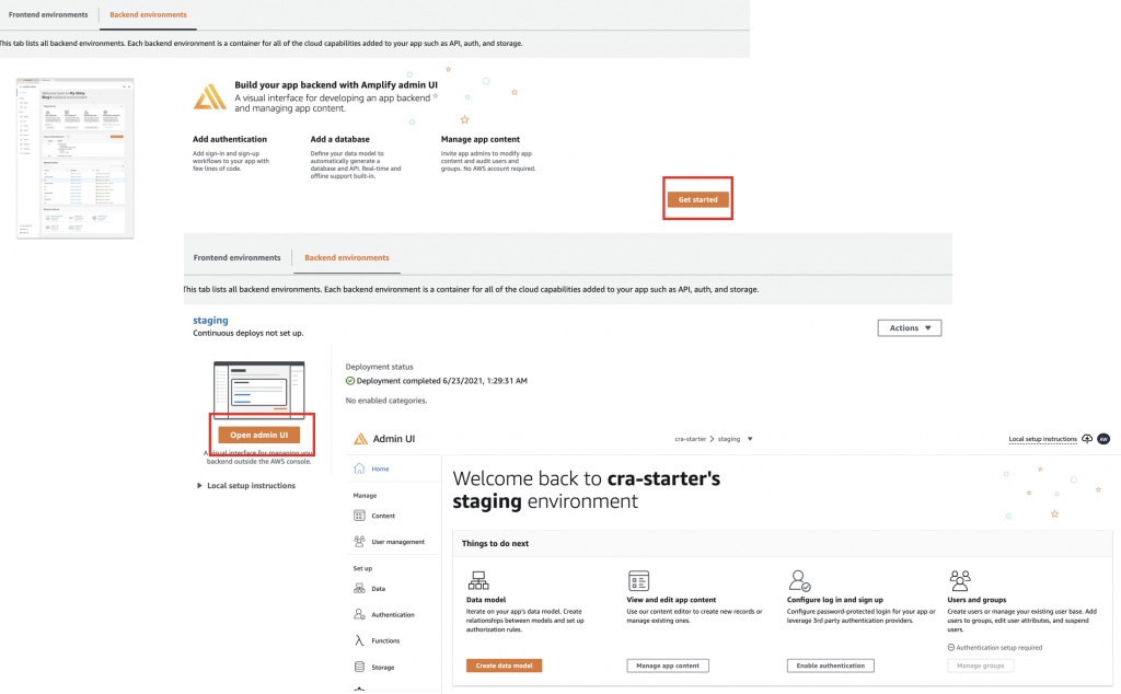 Collage of screenshots showing the Amplify Admin UI deploy steps, with “Get started” and “Open admin UI” buttons highlighted