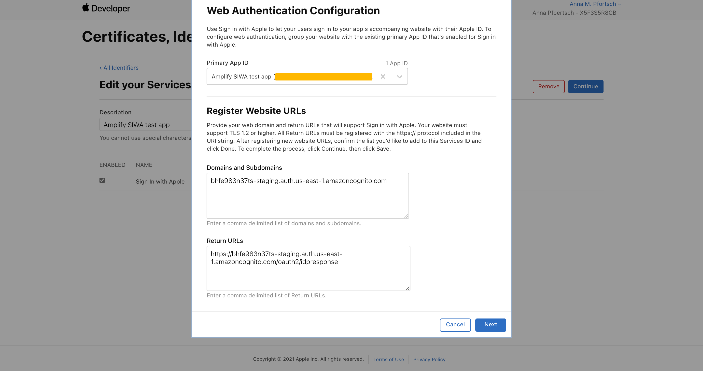 Screenshot of configuring web authentication on the Apple Developer Program site