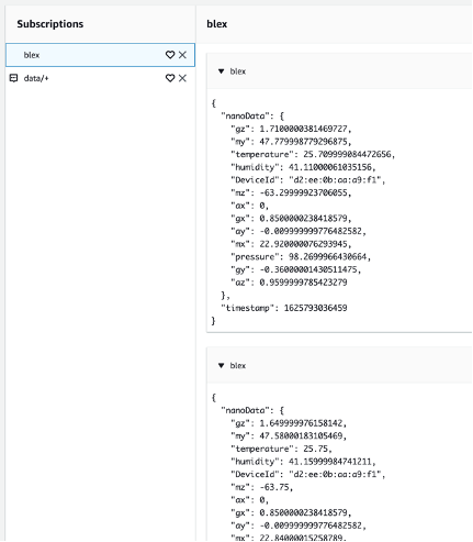 Use the MQTT Test Client in the AWS IoT Console to subscribe to the two topics – ‘blex’ topic used by the IOS app to publish sensor data from Arduino Nano
