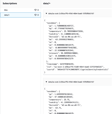 Use the MQTT Test Client in the AWS IoT Console to subscribe to the two topics – the ‘data/+’ topic to data modified by IoT Rule and republished back.