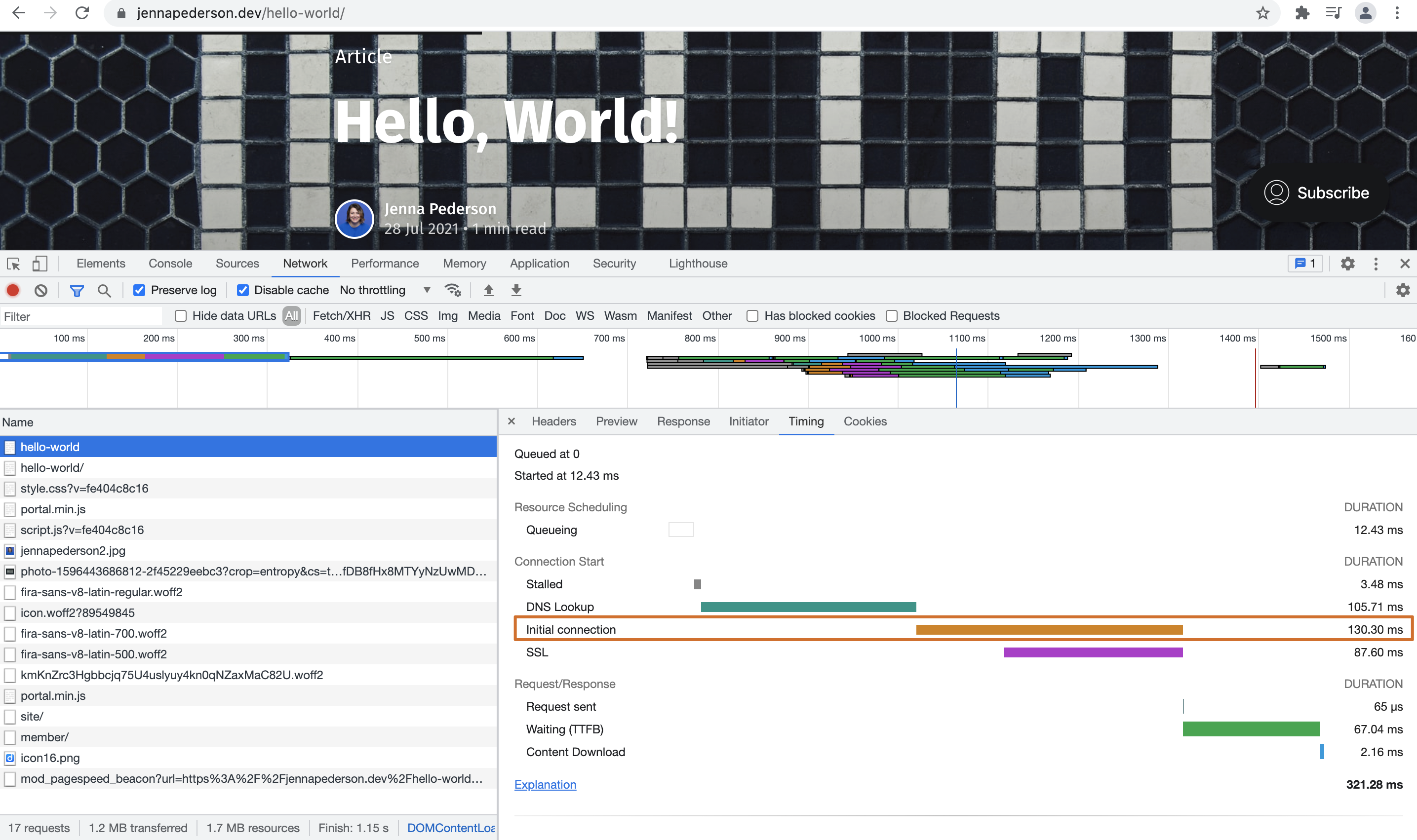 Screenshot showing initial connection duration