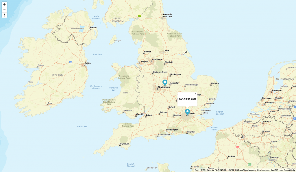 HTML map generated by AWS Location Service with markers on the addresses detected in the input text.