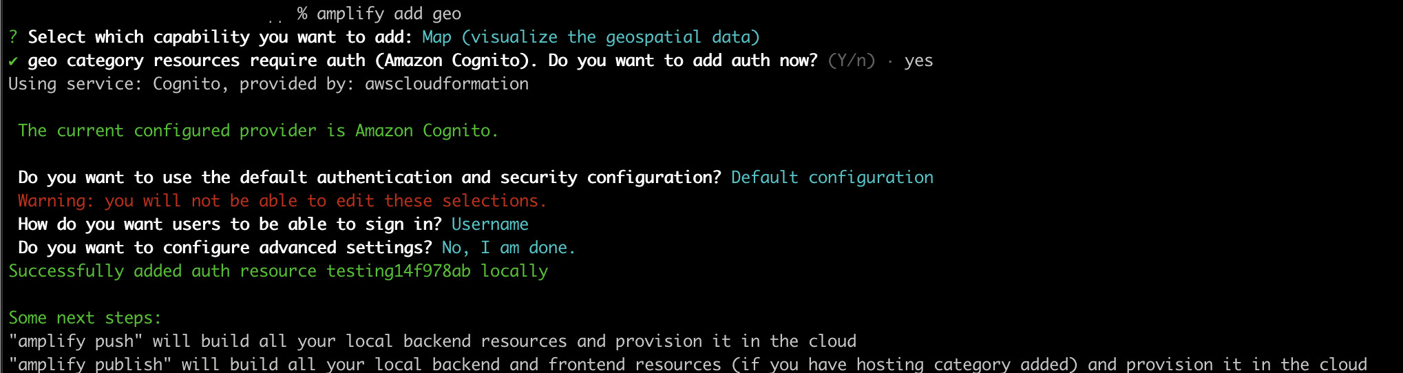Default value selected for remaining prompts of amplify add geo