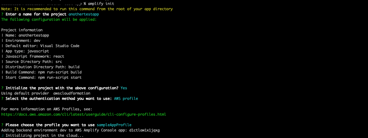 Default configurations when running Amplify init