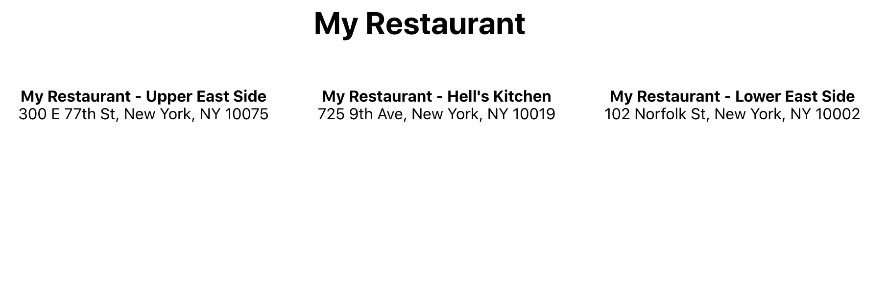 My Restaurant app showing three adresses