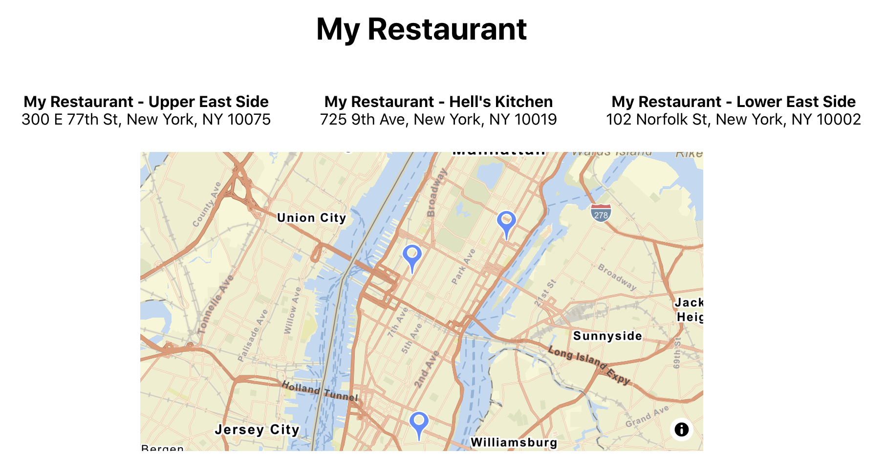 My Restaurant app completed with popover pins showing on map