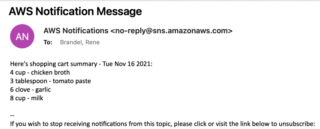 Screenshot of summary email