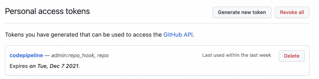 GitHub personal access token page