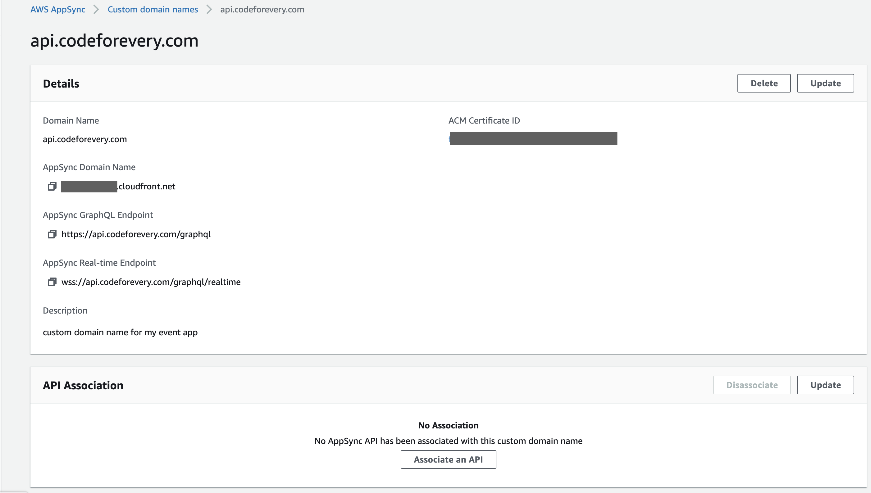 The details of the newly created custom domain name for api.codeforevery.com