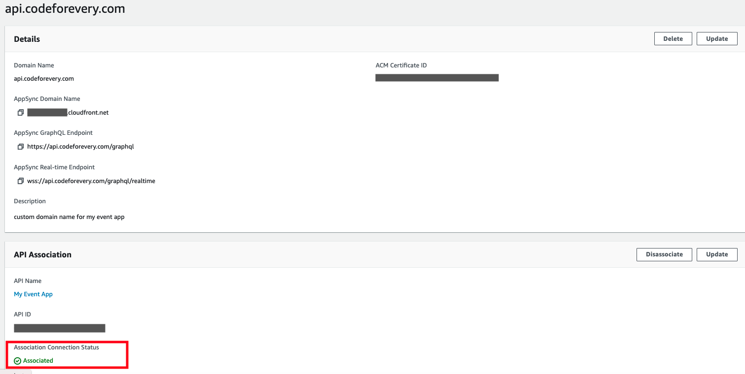 AppSync custom domain associated with an AppSync API