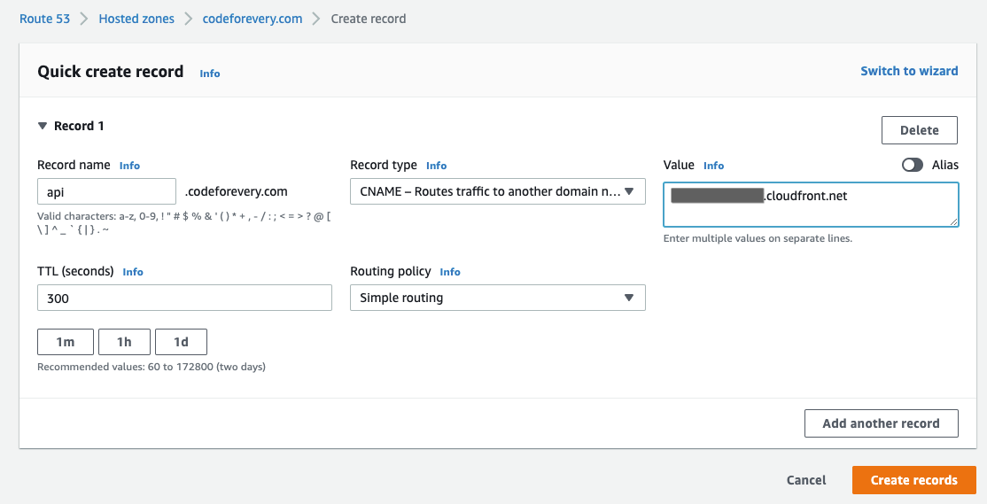 Creating a Route53 CNAME record for api.codeforevery.com to map the newly created custom domain name to the cloudfront distribution endpoint.