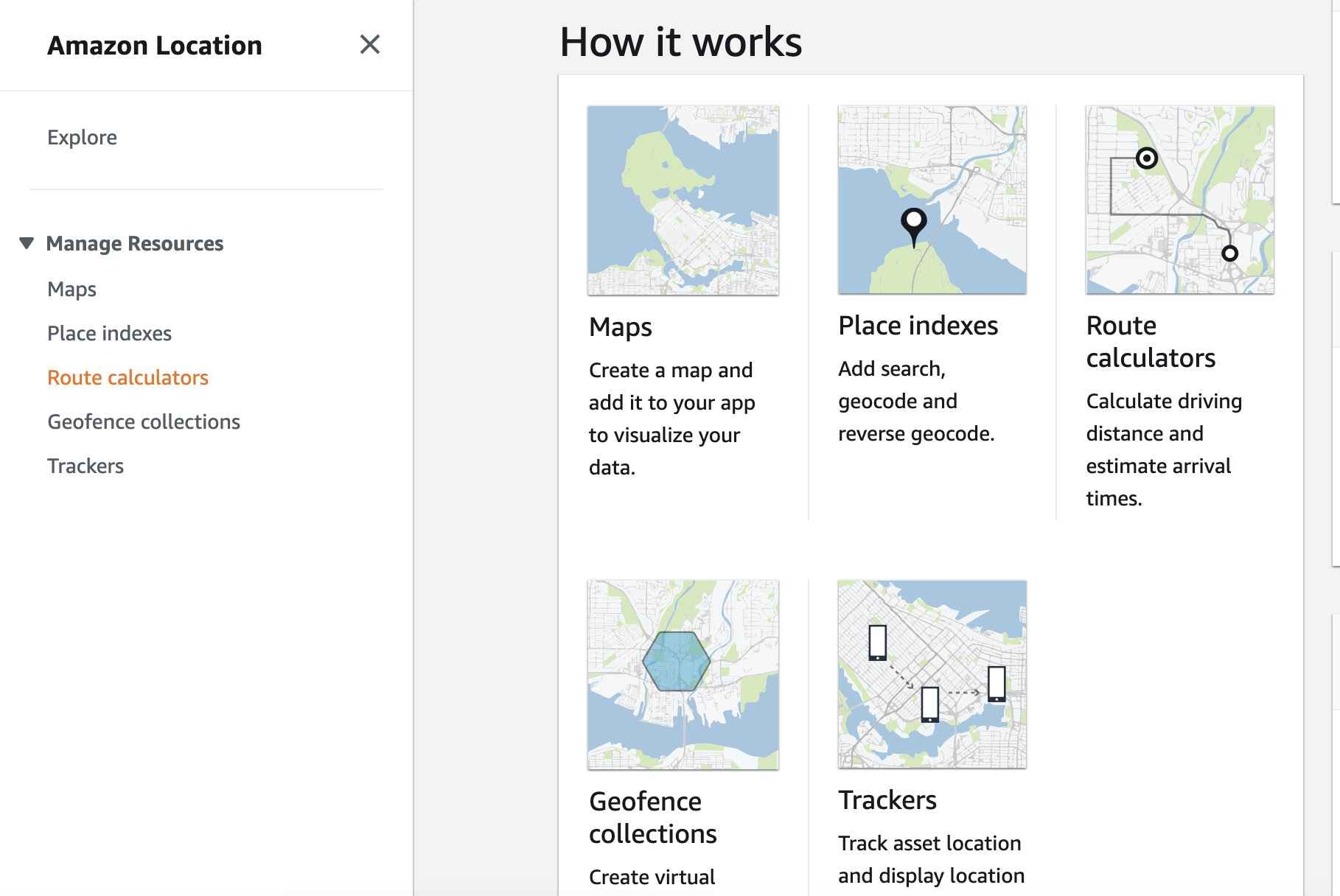 o set up a Route Calculator in the Amazon Location Service console, select Route calculators from the list of available features