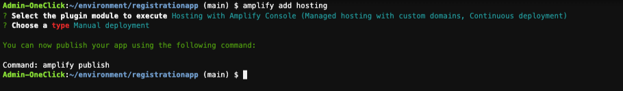 Console after running "amplify app hosting" 