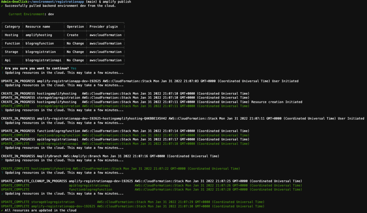 Console after running "amplify publish" 