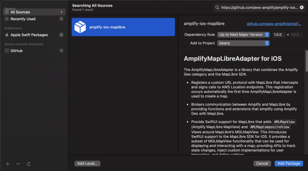 Search for Amplify MapLibre package in SPM