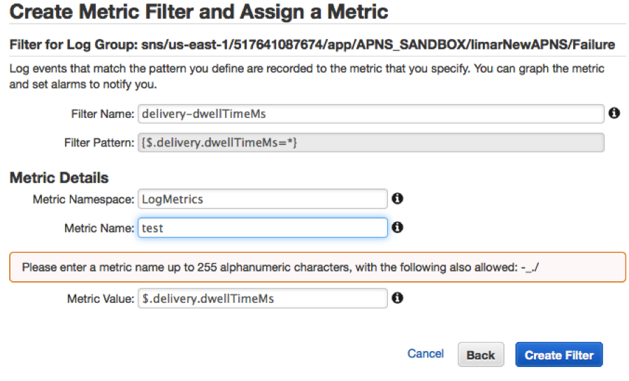 Description: Create Metric Filter and Assign a Metric