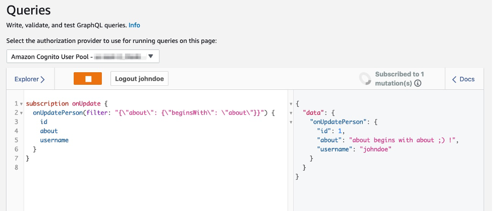 Receiving a notification via subscription in the Queries editor