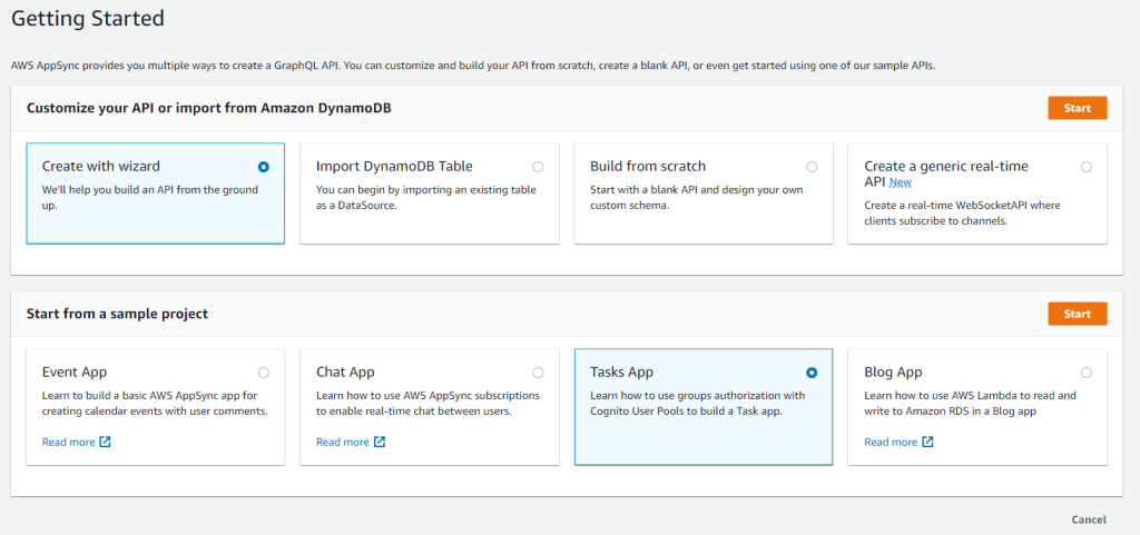 AWS AppSync console Getting Started page shows how to create a Tasks App