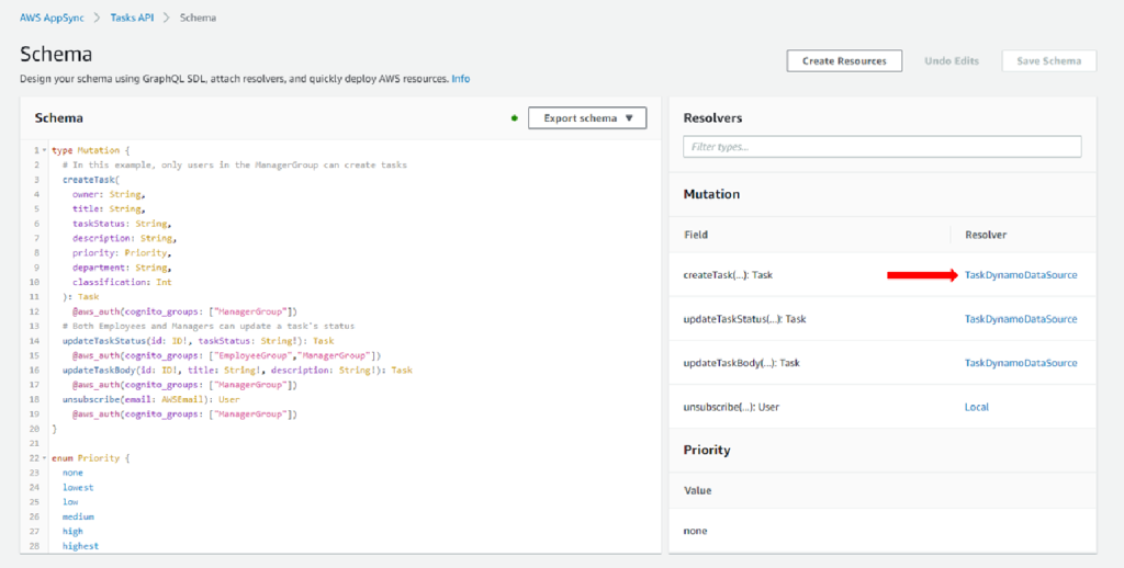 AWS AppSync console Schema page shows how to search and choose the Resolver