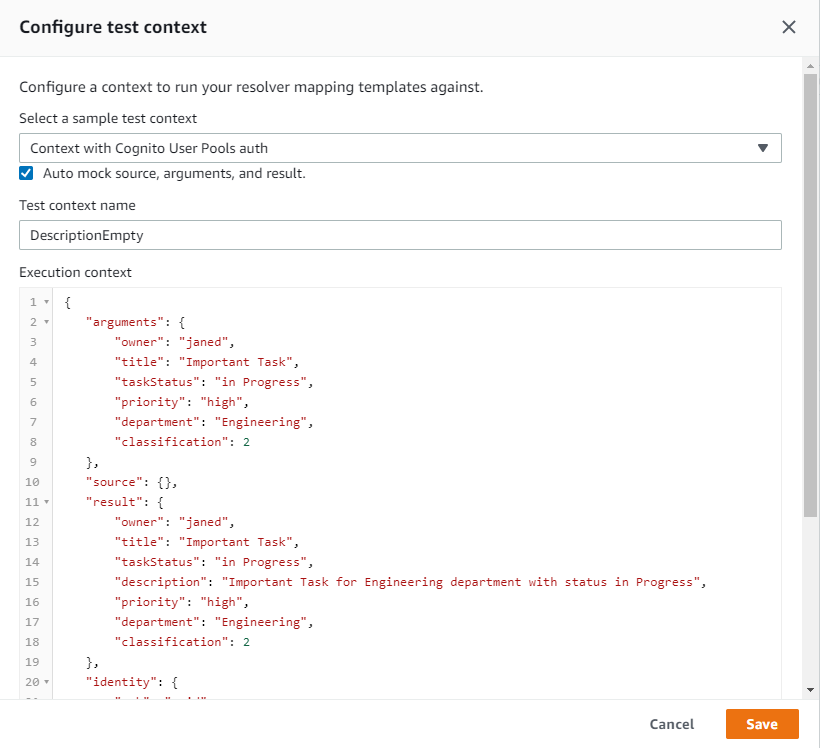 AWS AppSync Console Page shows how Create and Configure text context for Resolver