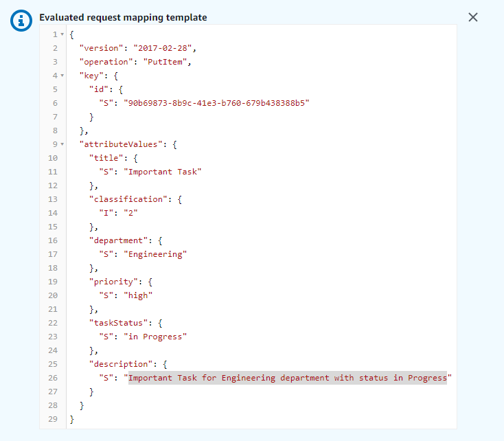 AWS AppSync console showing the results of Evaluated request mapping template