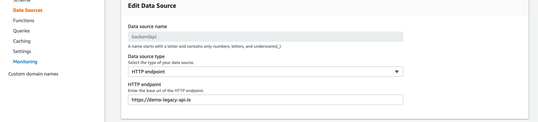 To setup a GraphQL API using AWS AppSync, you design a schema and associate data sources to attributes using resolvers. Once you have the AWS AppSync API created, associate your legacy HTTP endpoint as a data source.
