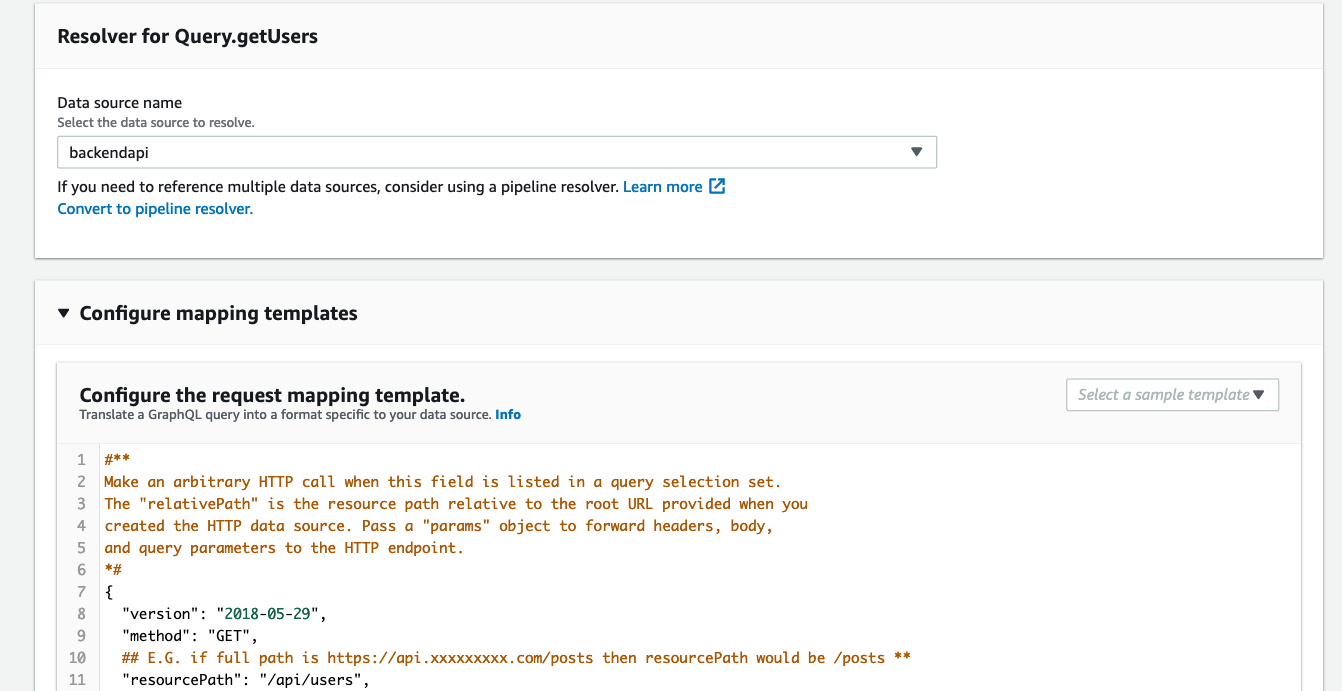 Configure your request mapping template to your resource path on the legacy backend API and map the schema attributes.