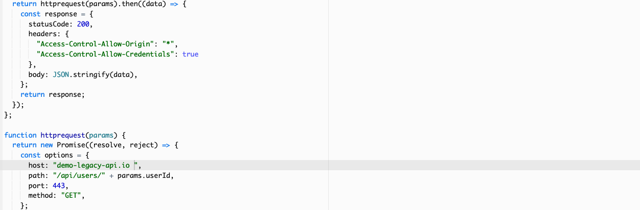 AWS Lambda code sample demonstrating the addition of 'Access-Control-Allow-Origin: *' response headers to allow CORS on the response.