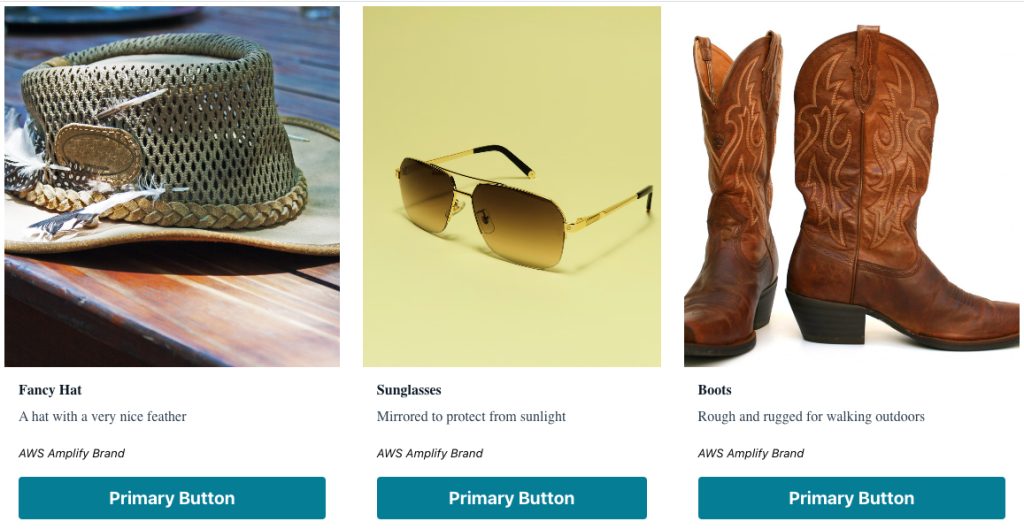 Screenshot of rendered app with the products