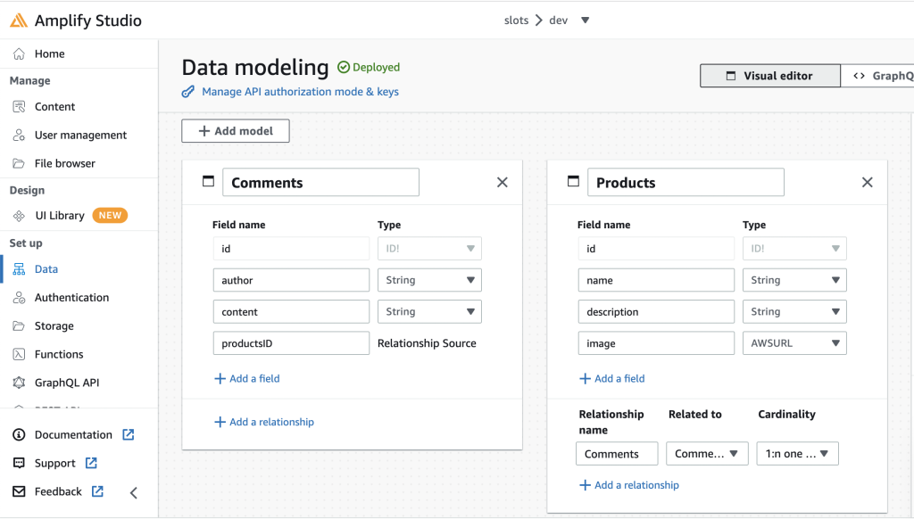 Amplify Studio screenshot of the two data models