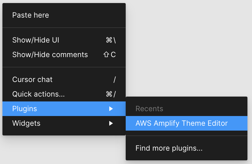 Screenshot showing the submenu pathway to launch the AWS Amplify Theme Editor plugin