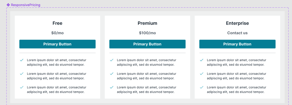 Screenshot of a component in Figma, composed of three cards in a row