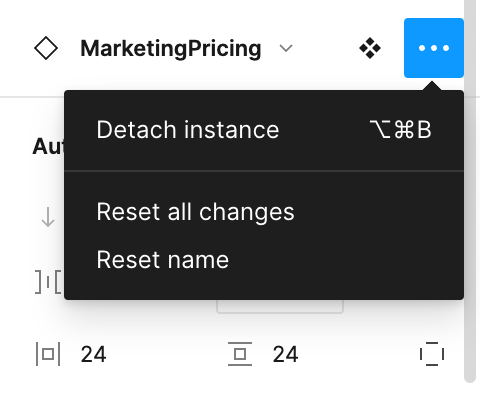 Right-hand Figma menu showing the detach instance option for the MarketingPricing component