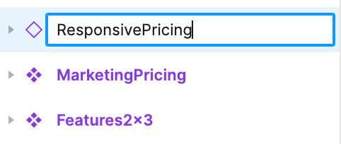 Figma left-hand nav showing a component being renamed to ResponsivePricing