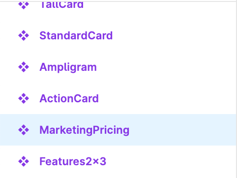 Left-hand Figma nav bar with the MarketingPricing component selected