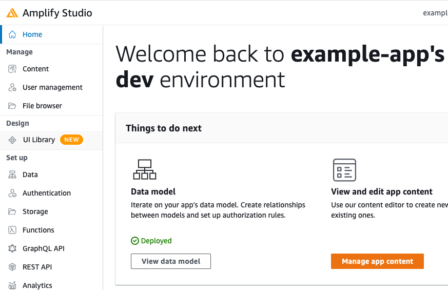 Amplify Studio console main page