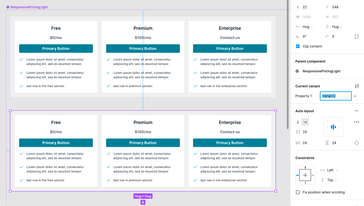 Components and the right-hand toolbar showing the variant property