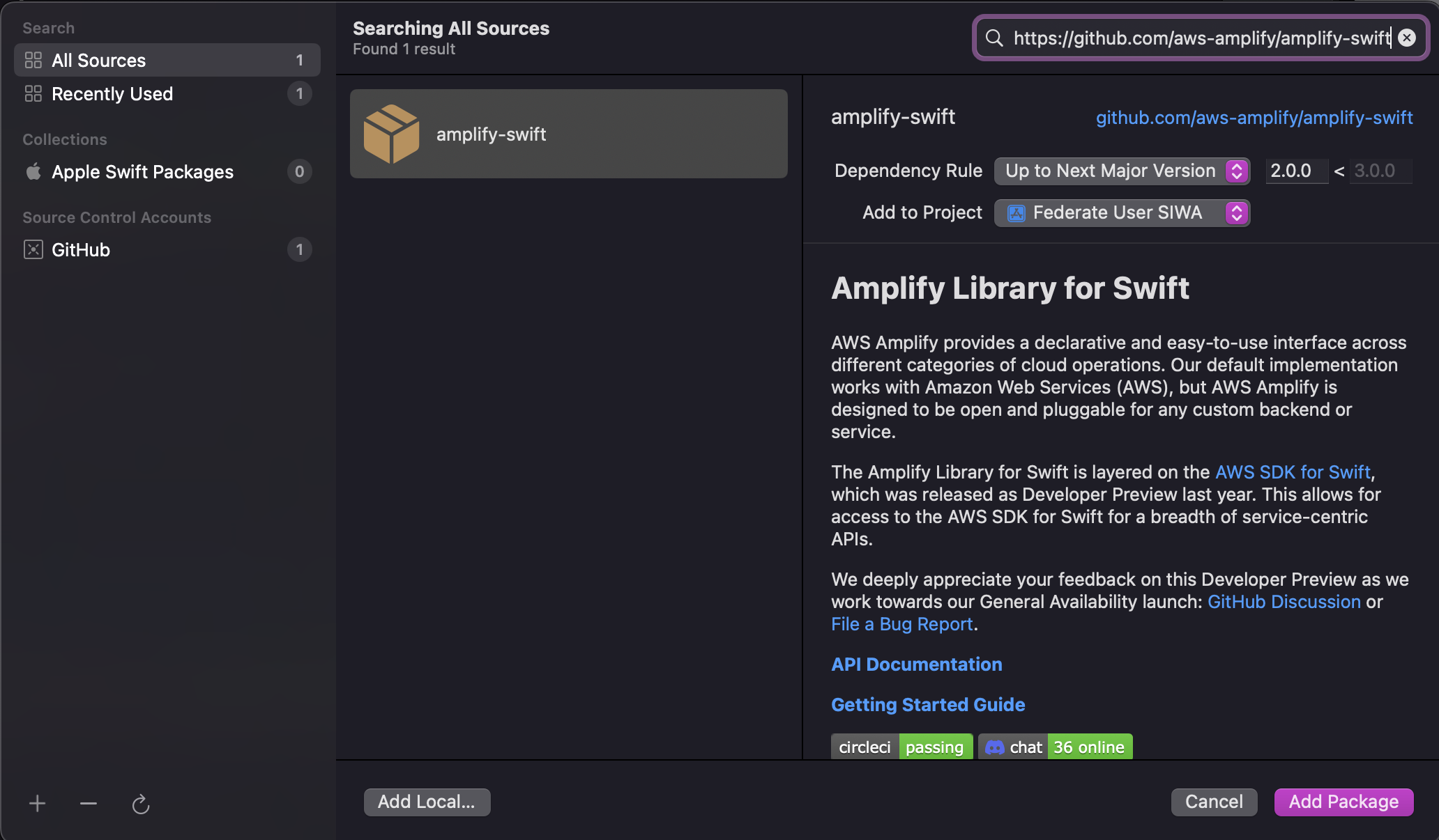 Add Amplify as a dependency in Xcode
