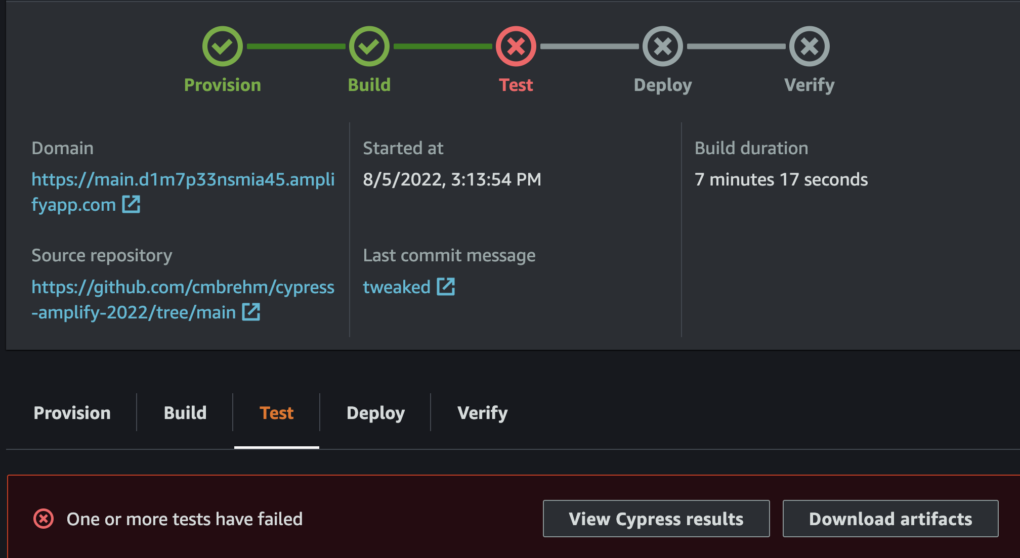 Figure 2: a failed Test in Amplify Hosting pipeline will cancel the deployment. The Amplify console provides options to help diagnose the failure.
