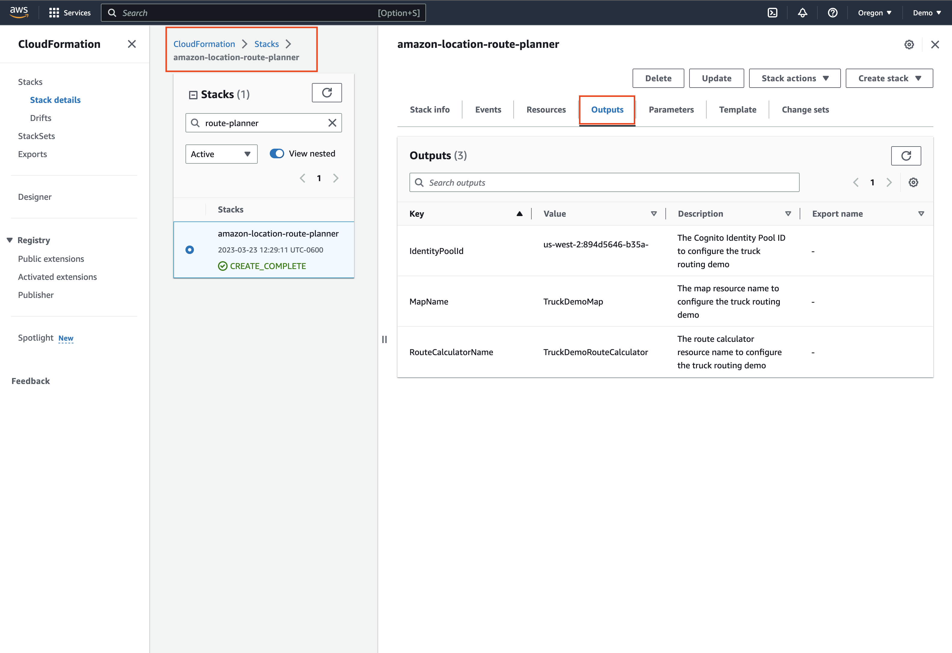 Access the CloudFormation stack outputs in the AWS CloudFormation console.