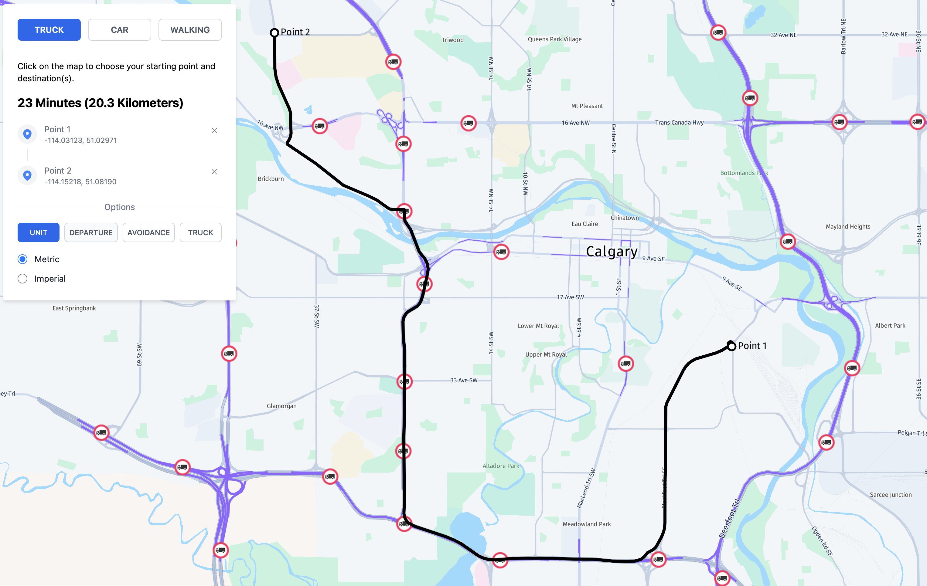 A web application with an interactive map and routing functionality.