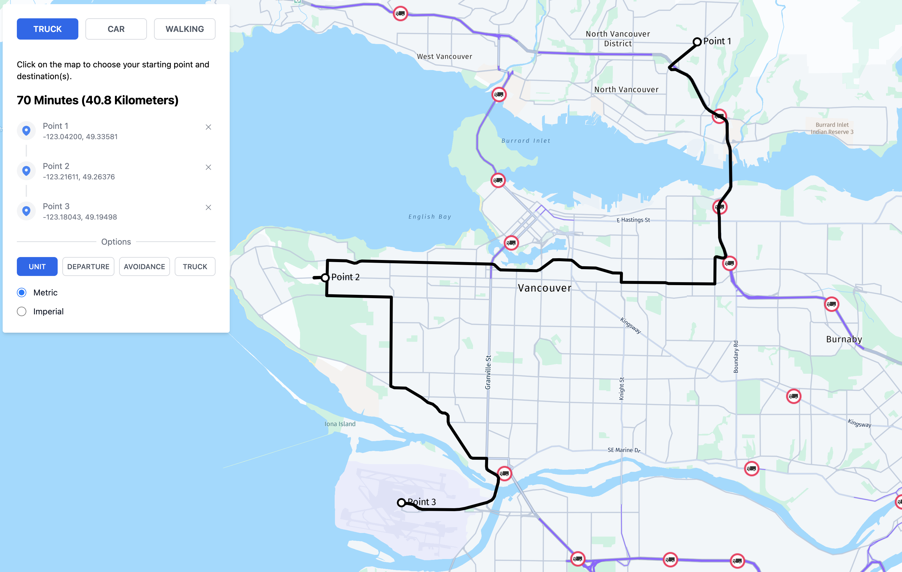 A web application with an interactive map and routing functionality.