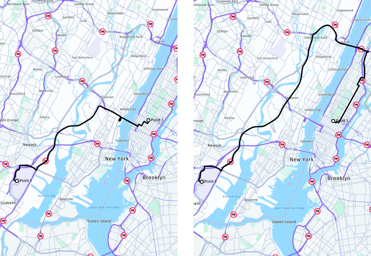 A route that a regular truck (left) and a tall truck (right) takes to go from Newark Airport, NJ to Midtown Manhattan, NY.