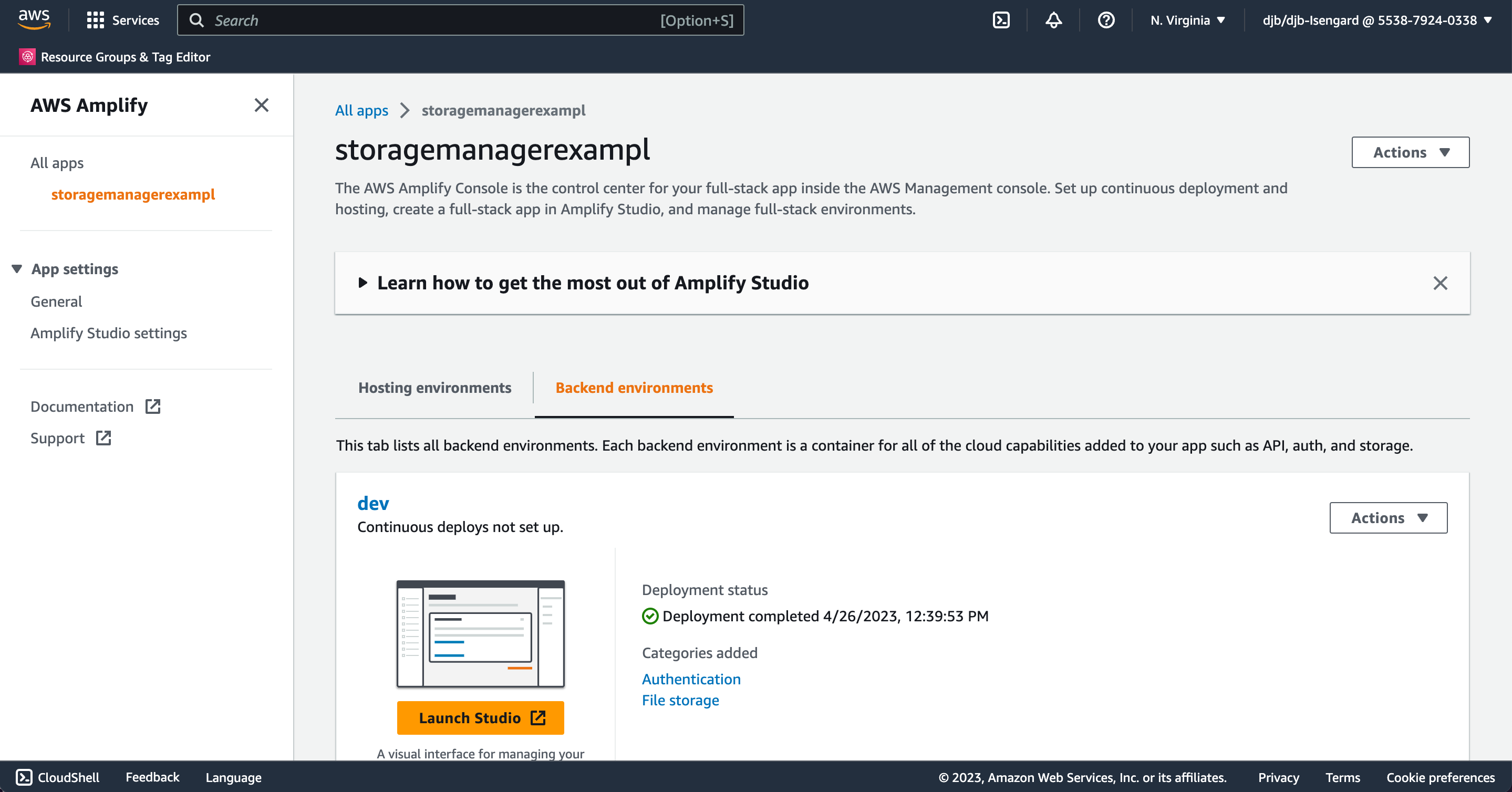 Screenshot of how to access Amplify Studio