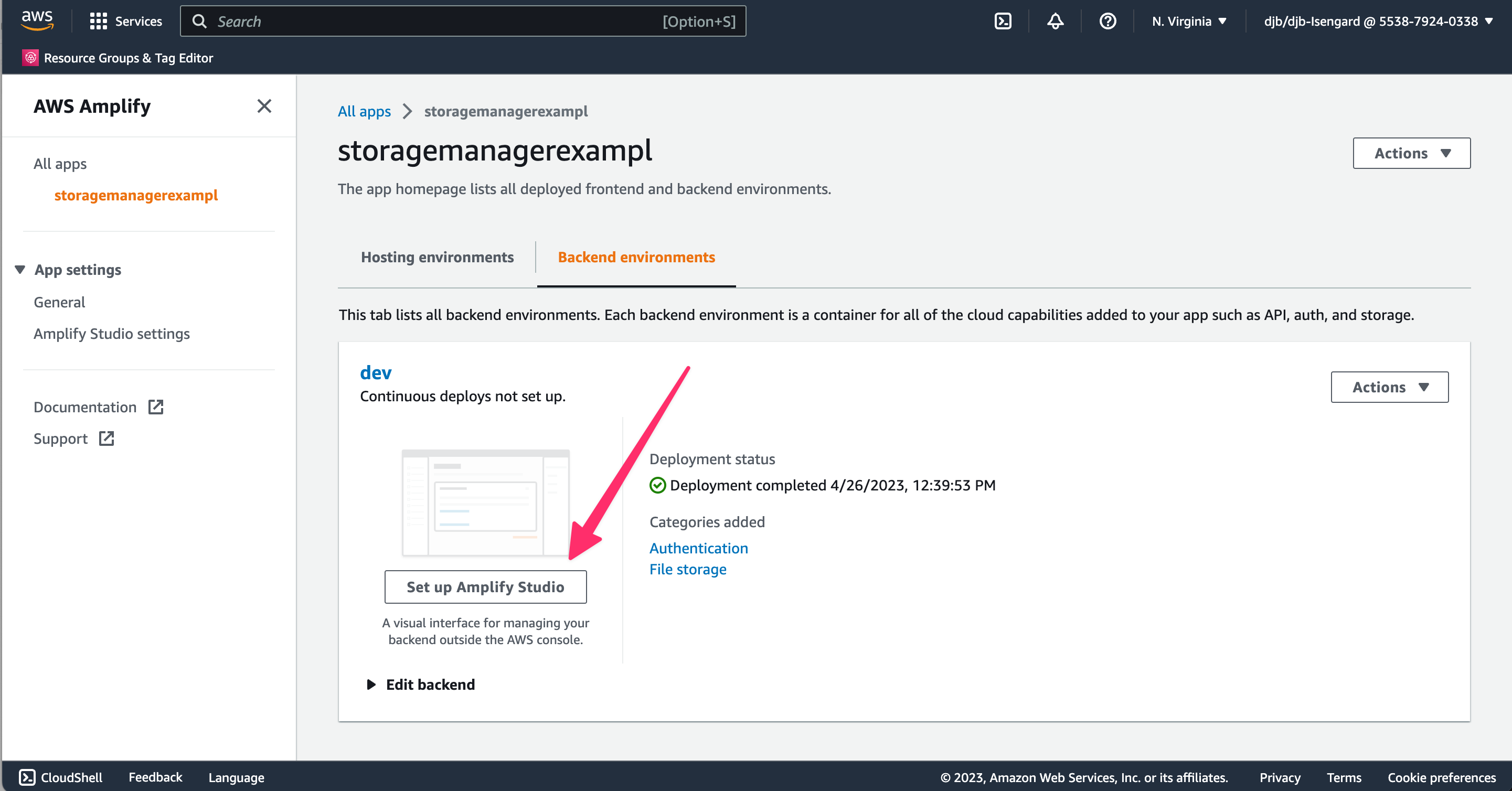 Screenshot of the Amplify console and how to enable Amplify Studio
