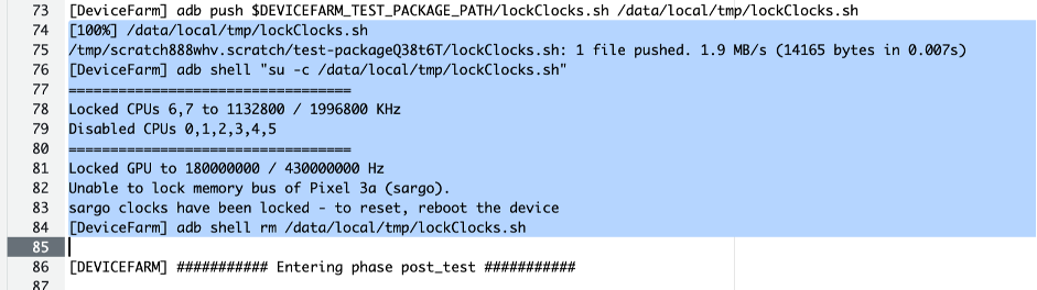 Output of successful adb commands to lock clocks on rooted device