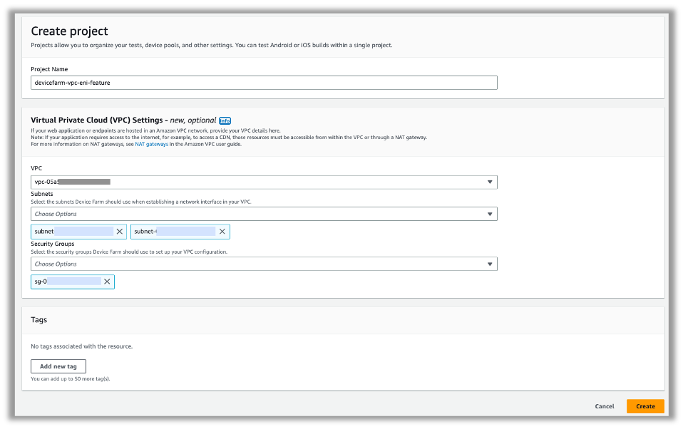 Figure 2: Create a project in Device Farm console.