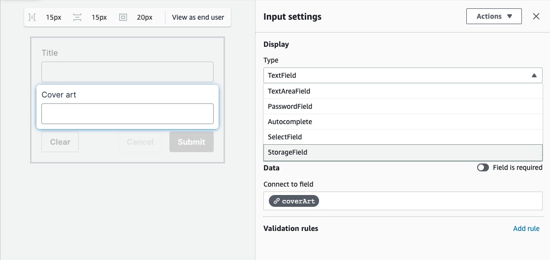 Screenshot showing the selection of a StorageManager field within a form