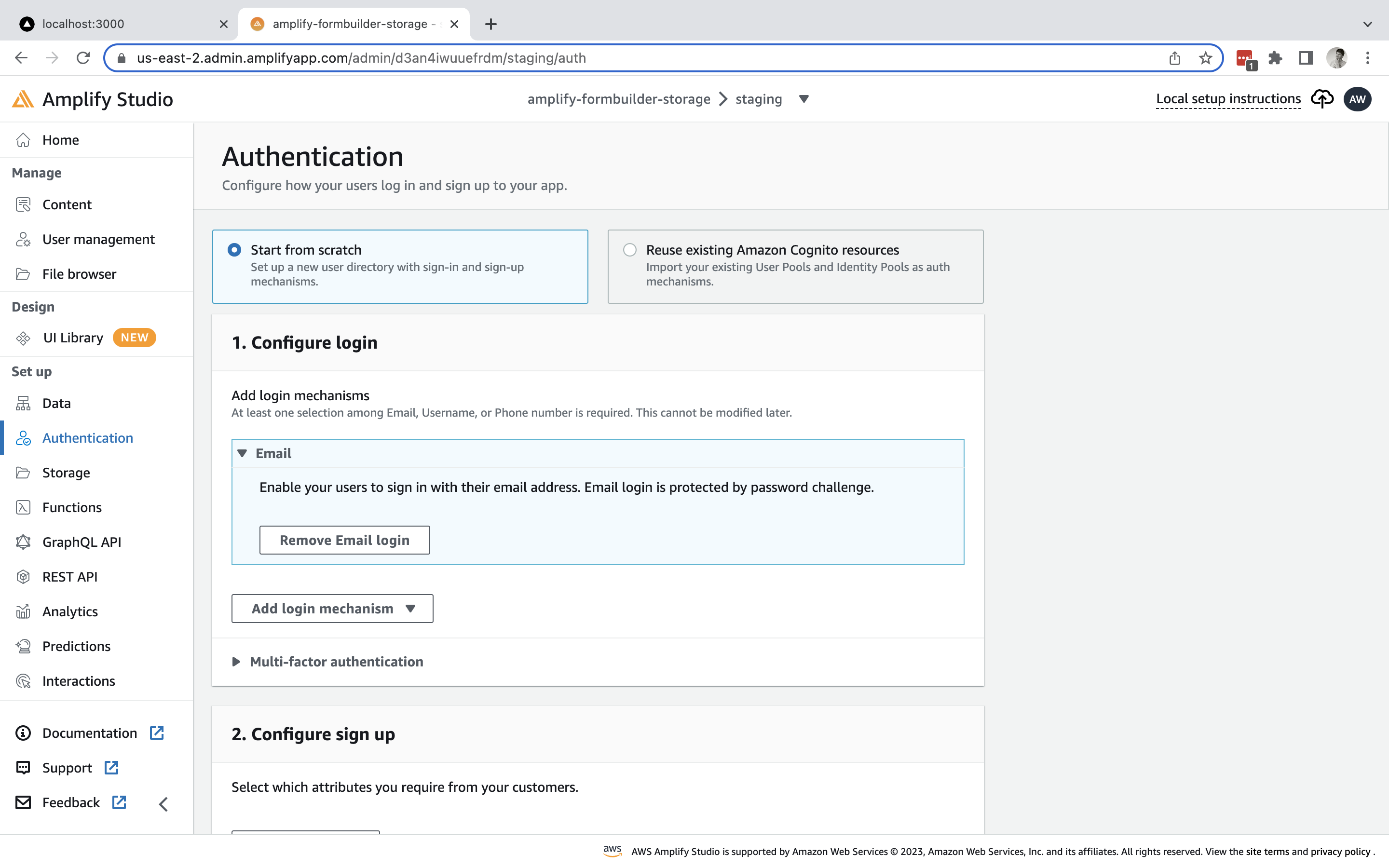 Screenshot showing Amplify Studio for setting up Authentication